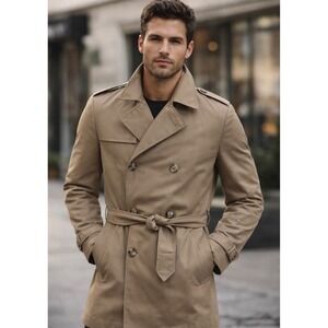 Vintage Botany Weather Topper Trench Coat Mens 42 Reg Tan Khaki Faux Fur Lined